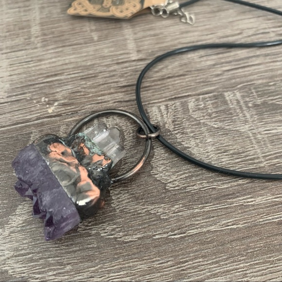 Tri-Quartz Point & Amethyst Copper Wrapped Necklace - Picture 2 of 9